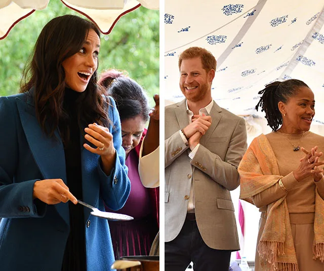 Duchess of Sussex cooking and chatting, joined by Prince Harry and Doria Ragland at cookbook launch.