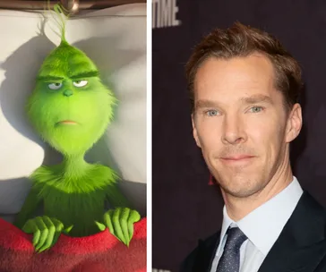 Animated Grinch in bed alongside a well-dressed person on a red carpet.