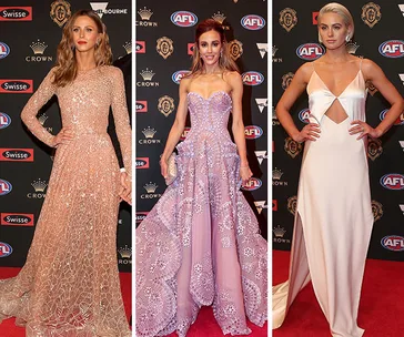 Three women in elegant dresses on the Brownlow red carpet, showcasing intricate designs and confident poses.
