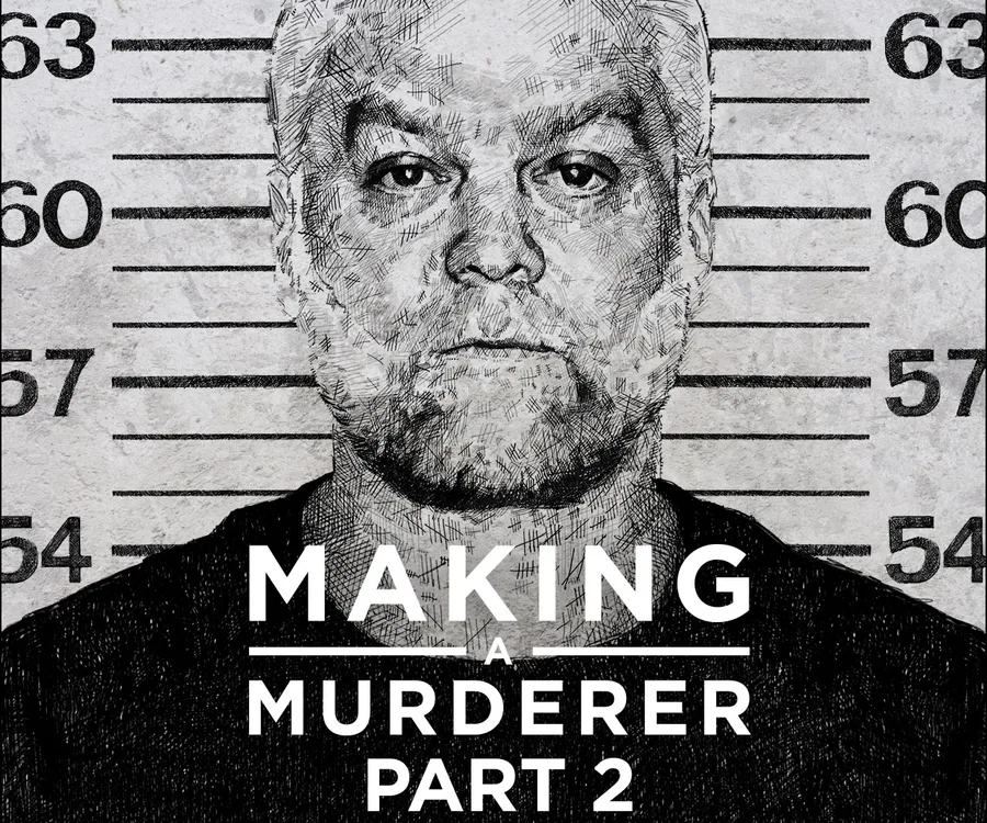 "Illustrated mugshot of a man with the text 'Making a Murderer Part 2' overlayed."
