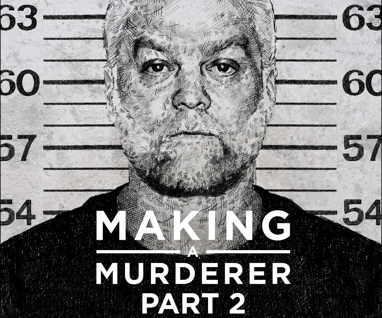 "Illustrated mugshot of a man with the text 'Making a Murderer Part 2' overlayed."