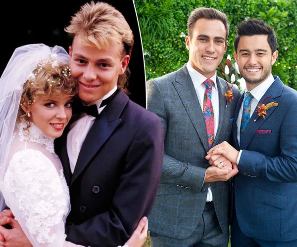 Couples from "Neighbours" in wedding attire: one pair in classic suits, the other in wedding dress and tuxedo.