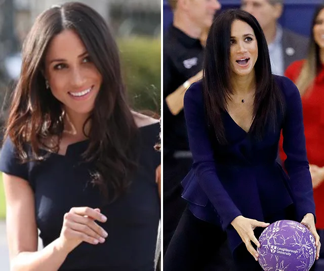 Duchess Meghan Markle smiling and playing with a purple basketball, wearing a dark outfit.