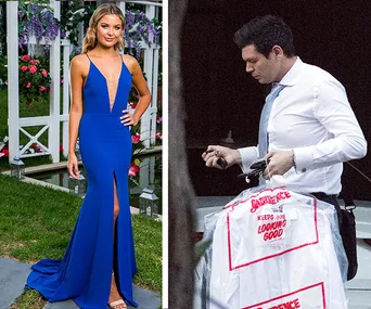 Sophie Tieman in a vibrant blue gown in a garden setting, beside a man holding dry-cleaned clothes.