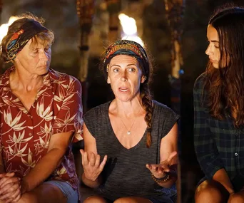 Three contestants from Australian Survivor 2018 in a tribal council discussion.