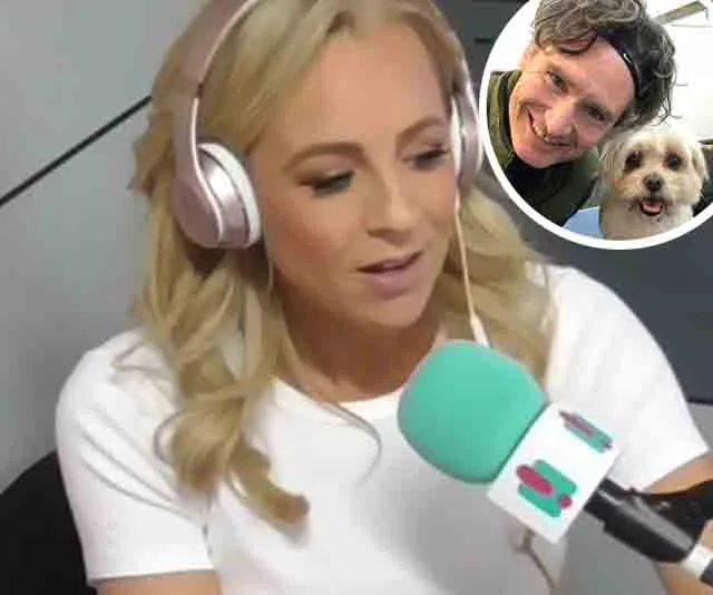 Radio host wearing headphones speaking into a microphone, with an inset image of a person and a dog.