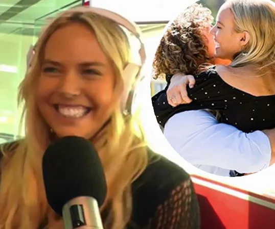 Radio host Cass Wood smiles wearing headphones; inset shows an embrace with Nick Cummins from "The Bachelor."