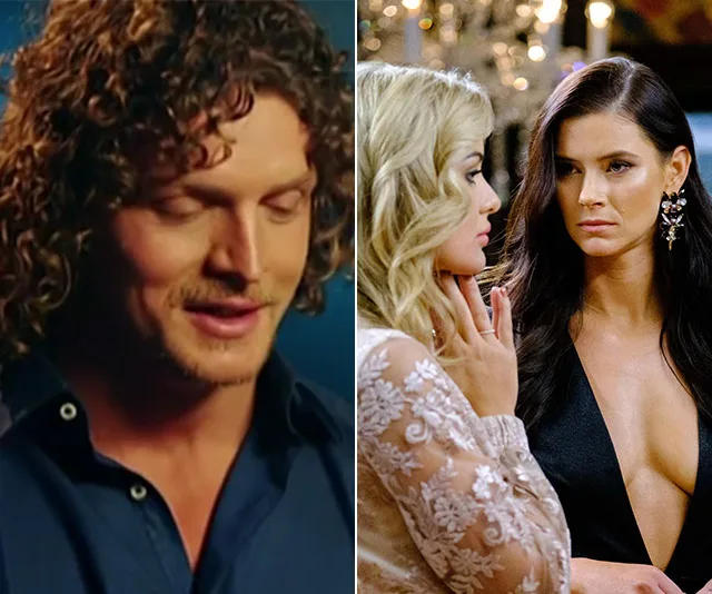 Man with curly hair on left, two women conversing on right, one with dark hair and serious expression.