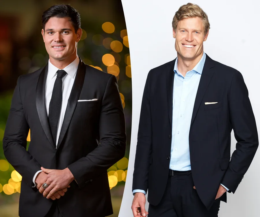 Two men in formal attire; one in a tuxedo and another in a suit, posing side by side.