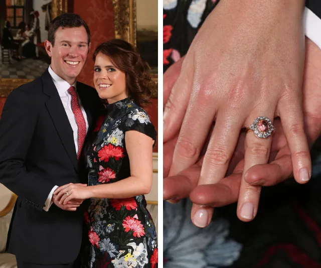 Couple posing with engagement ring; man in suit, woman in floral dress. Close-up of ring on her hand.