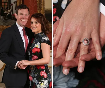 Couple posing with engagement ring; man in suit, woman in floral dress. Close-up of ring on her hand.