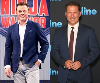 Two men in suits, one in front of a "Ninja Warrior" sign, and the other at a "Nine" event backdrop, both smiling.