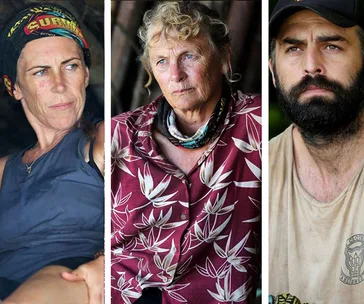 Three contestants from Australian Survivor 2018 sit in separate portraits, showing serious expressions.