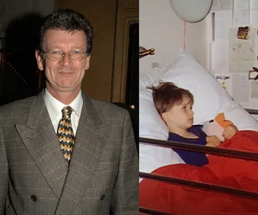 A man in a suit smiling beside an image of a child in a hospital bed holding a stuffed toy, with medical notes on the wall.