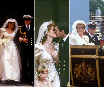 Wedding of Sarah Ferguson and Prince Andrew; three scenes: exiting church, kissing, and carriage ride.