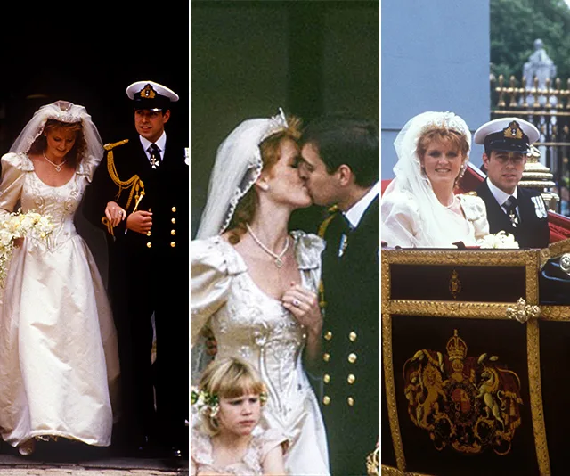 Wedding of Sarah Ferguson and Prince Andrew; three scenes: exiting church, kissing, and carriage ride.