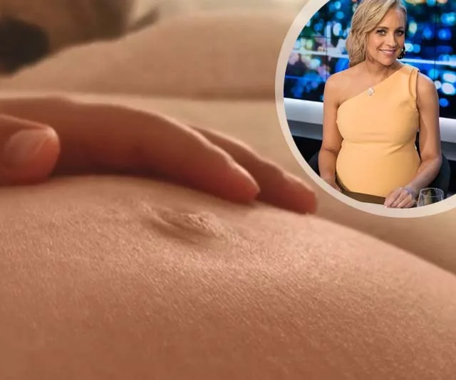 Pregnant woman touching belly with inset image of a smiling woman in a yellow dress on TV set.