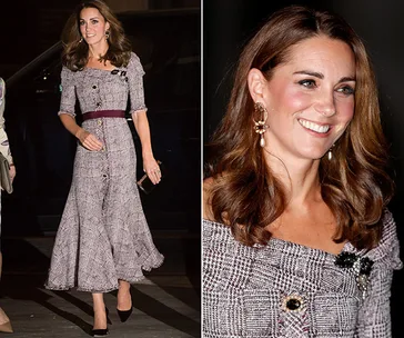 Kate Middleton wearing a plaid dress with a burgundy belt, smiling and walking at a formal event.