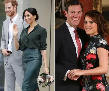 Two couples smiling, with one woman holding flowers. The other couple poses in formal attire.