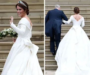 Princess Eugenie in a white wedding gown, holding a bouquet, waves on steps with companion.
