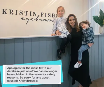 Woman with two children in front of "Kristin Fisher Eyebrows" sign; text message about child safety in salon.