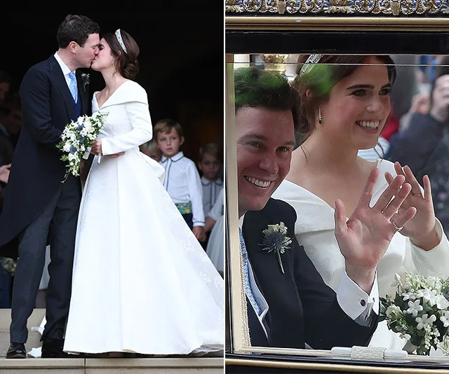Princess Eugenie and her husband kiss and wave from a carriage on their wedding day.