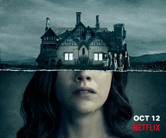 A woman crying with Hill House on her head; five figures in front of the mansion; "Oct 12 Netflix" text on the side.