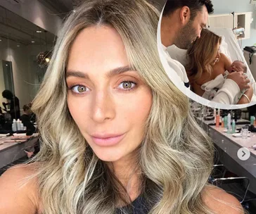 Nadia Bartel with wavy blonde hair in a salon. Inset shows a couple with a newborn baby in the hospital.