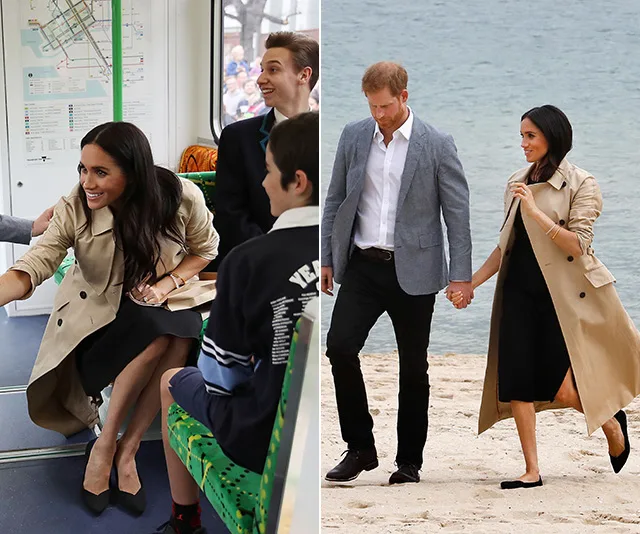 Prince Harry and Meghan Markle engaging with public; riding transit and walking on a beach, dressed in coats.