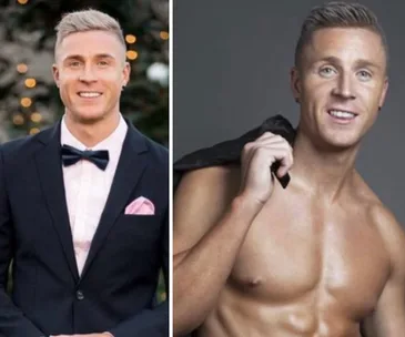 Man in a suit with a bow tie on the left; shirtless holding a jacket on the right.