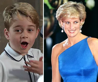 Two side-by-side images of a young boy and a smiling woman in a blue dress.