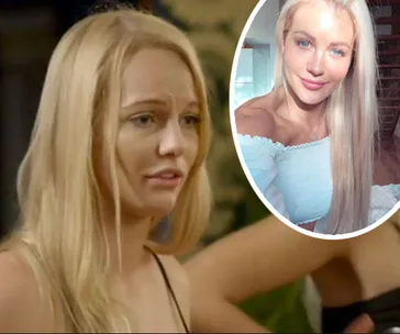 Blonde woman in a candid moment with inset selfie, likely related to "The Bachelorette Australia" season.