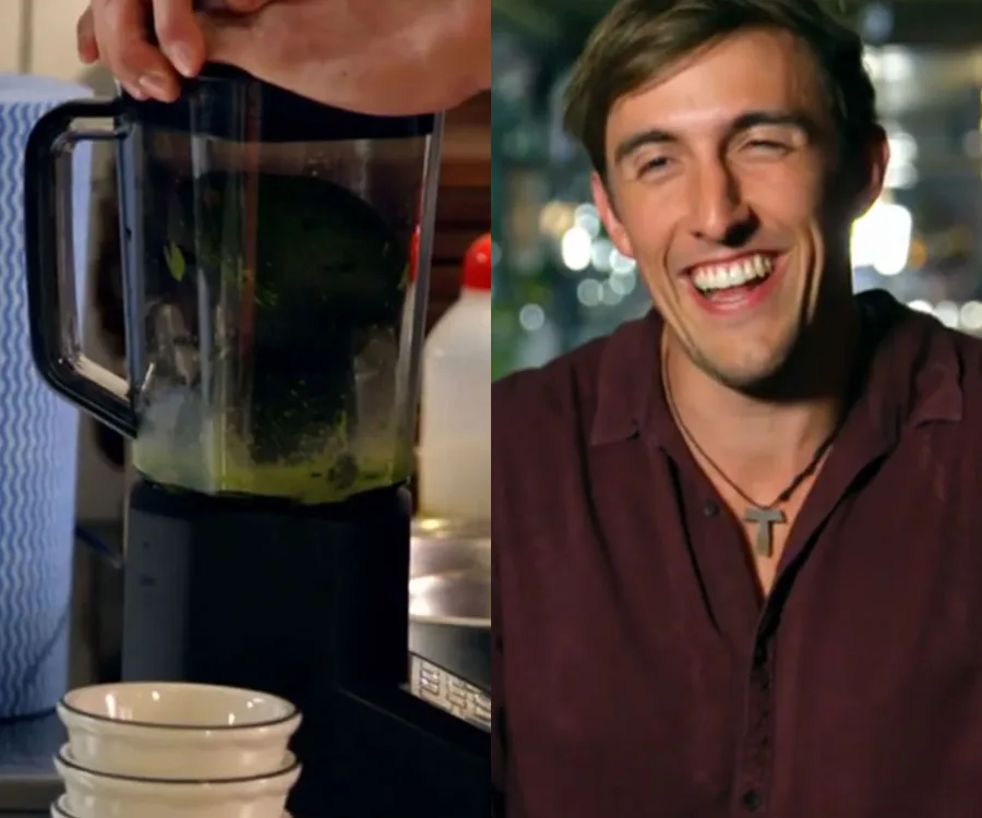 A person blends ingredients while smiling man with a necklace is shown on the right, presumably in a cooking-related setting.