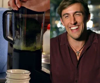 A person blends ingredients while smiling man with a necklace is shown on the right, presumably in a cooking-related setting.