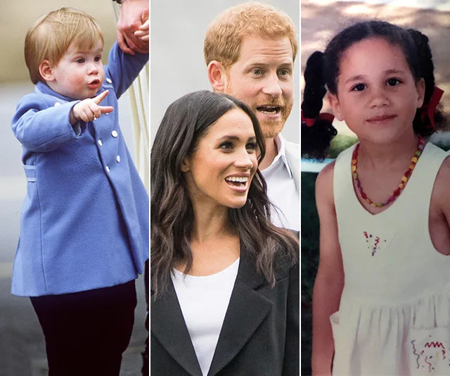 Three-photo collage: Young child in blue coat, adult couple smiling, young child in white dress with pigtails.
