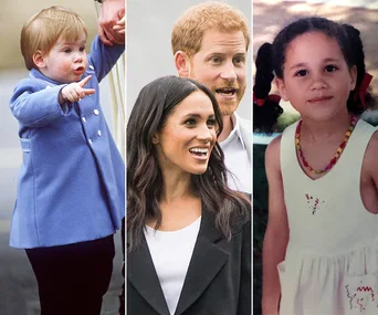 Three-photo collage: Young child in blue coat, adult couple smiling, young child in white dress with pigtails.