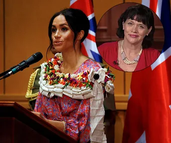 Meghan Markle giving a speech in Fiji, wearing a floral dress; inset shows woman in red top.