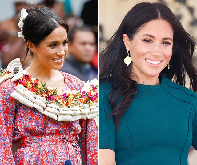 Two images of a woman in different outfits; left in floral dress, right in a teal top, both with dark hair.