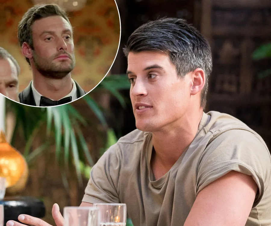Bachelorette contestants Charlie Newling and Bill Goldsmith in a tense conversation during the show.