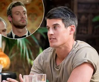 Bachelorette contestants Charlie Newling and Bill Goldsmith in a tense conversation during the show.