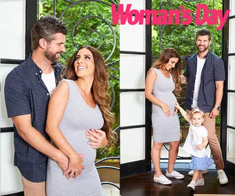 Family smiling indoors; woman in grey dress, man hugging, child holding woman's hand; "Woman's Day" magazine text.