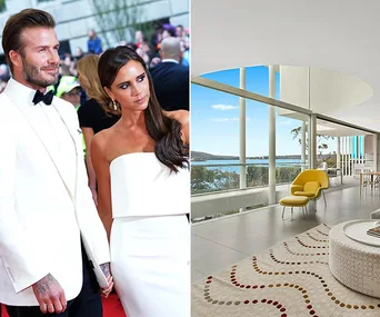 Two images: one of a couple in formal attire at an event; the other of a modern mansion's interior with a lake view.