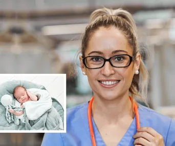 Nurse smiles in scrubs with an inset of a newborn baby cuddling a plush octopus toy on a blanket.