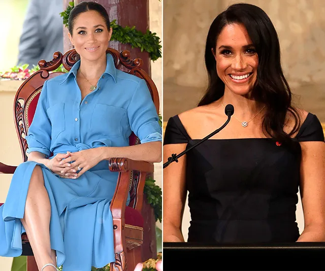 Two side-by-side images of a woman wearing a blue dress and a black dress.