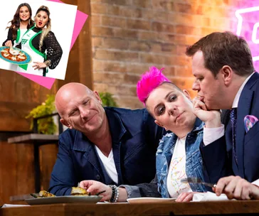 Judges discussing a dish, with inset of two women holding a tray, on a culinary competition show set.