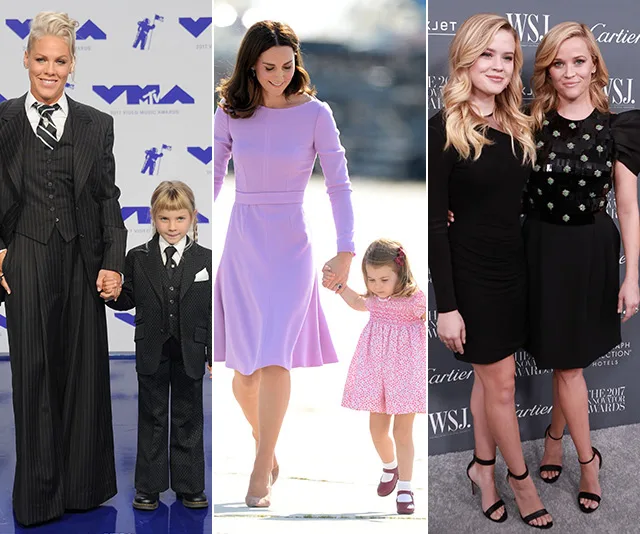 Celebrities with their children: three pairs, each featuring a mother in stylish attire with her child at a public event.