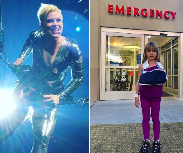 Singer performing mid-air; girl with arm in sling outside emergency room.