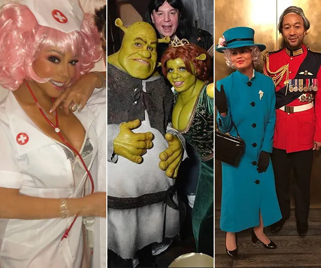 Three-panel image: left - woman in pink wig and nurse outfit; center - two people as Shrek and Fiona; right - couple dressed as royalty.