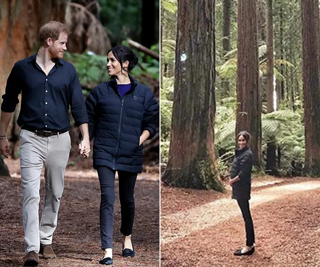 A couple walks in a forest, holding hands, while one stands alone among tall trees, smiling.