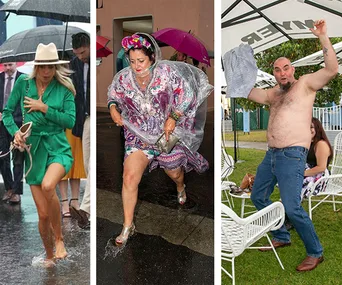 Three people at Melbourne Cup 2018. Woman in green dress in rain, another in floral attire, and shirtless man celebrating.